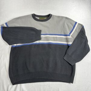 Vintage Timberland Sweater Mens XL Gray Black Blue Striped Cotton Knit Crewneck